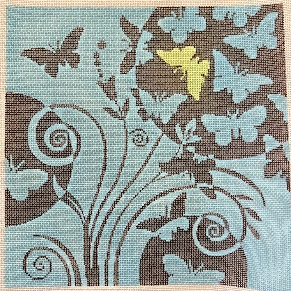 Alice Peterson Butterflies Needlepoint Canvas 13ct Mesh Blue Brown 12x12 1980s